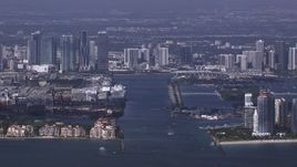 HD stock footage aerial video of a view of downtown skyline from Government Cut, Miami, Florida Aerial Stock Footage | CAP_020_024