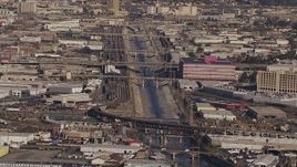 HD stock footage aerial video of passing bridges spanning the Los Angeles River, Boyle Heights, California Aerial Stock Footage | CAP_021_088