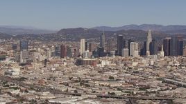 HD stock footage aerial video of approaching the city's skyline and Hollywood Sign, Downtown Los Angeles, California Aerial Stock Footage | CAP_021_089