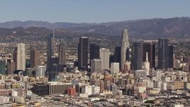 HD stock footage aerial video of flying by skyscrapers in the city's skyline, Downtown Los Angeles, California Aerial Stock Footage | CAP_021_092