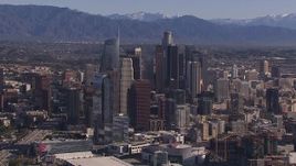 HD stock footage aerial video of tall skyscrapers in the city's skyline, Downtown Los Angeles, California Aerial Stock Footage | CAP_021_097