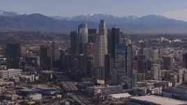 HD stock footage aerial video of towering skyscrapers in the city's skyline, Downtown Los Angeles, California Aerial Stock Footage | CAP_021_098