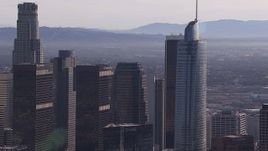 HD stock footage aerial video flyby Wilshire Grand Center and US Bank Tower skyscrapers, Downtown Los Angeles, California Aerial Stock Footage | CAP_021_102