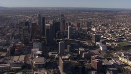 HD stock footage aerial video flyby and approach towering skyscrapers in the city's skyline, Downtown Los Angeles, California Aerial Stock Footage | CAP_021_108