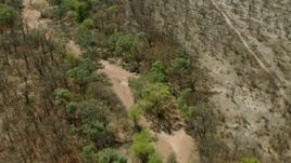 HD stock footage aerial video of tilting to green trees lining a shallow river in the open savanna, Zimbabwe Aerial Stock Footage | CAP_026_055
