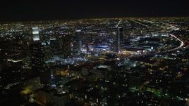 5K aerial stock footage Downtown Los Angeles skyscrapers and city lights at night, California Aerial Stock Footage | DCA01_019