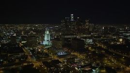 5K aerial stock footage Downtown Los Angeles skyline and City Hall at night, California Aerial Stock Footage | DCA01_029