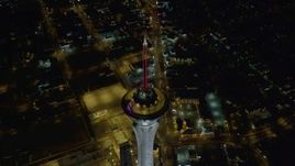 4K aerial stock footage of a bird's eye view of Stratosphere, Las Vegas, Nevada Night Aerial Stock Footage | DCA03_005
