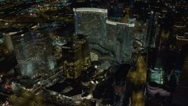 4K aerial stock footage of orbiting Aria Resort, Mandarin Oriental, Veer Towers, Las Vegas, Nevada Night Aerial Stock Footage | DCA03_032