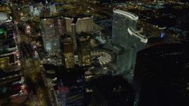 4K aerial stock footage of orbiting Aria Resort, Mandarin Oriental, Veer Towers, Las Vegas, Nevada Night Aerial Stock Footage | DCA03_033