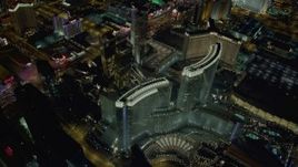 4K aerial stock footage of orbiting Aria Resort and Casino, Veer Towers, Las Vegas, Nevada Night Aerial Stock Footage | DCA03_039