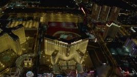 4K aerial stock footage of orbiting Planet Hollywood Resort and Casino, Las Vegas, Nevada Night Aerial Stock Footage | DCA03_043