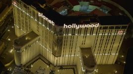 4K aerial stock footage of orbiting the front of Planet Hollywood Resort and Casino, Las Vegas, Nevada Night Aerial Stock Footage | DCA03_045