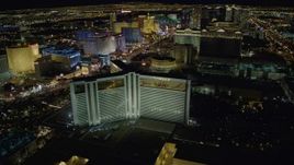 4K aerial stock footage of orbiting the Mirage Hotel and Casino, Las Vegas, Nevada Night Aerial Stock Footage | DCA03_178