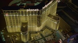 4K aerial stock footage of orbiting front of Planet Hollywood Resort and Casino, Las Vegas, Nevada Night Aerial Stock Footage | DCA03_207