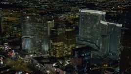 4K aerial stock footage of approaching Aria, Veer Towers, Mandarin Oriental, Las Vegas, Nevada Night Aerial Stock Footage | DCA03_211