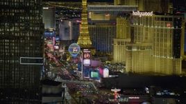 4K aerial stock footage of flying by Mandarin Oriental, revealing hotels on Las Vegas Boulevard, Nevada Night Aerial Stock Footage | DCA03_215