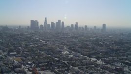 4K aerial stock footage of approaching the Downtown skyline, Los Angeles, California Aerial Stock Footage | DCA05_024