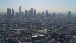4K aerial stock footage of approaching the Downtown skyline, Los Angeles, California Aerial Stock Footage | DCA05_025