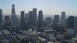 4K aerial stock footage of approaching Aon Center, Figueroa at Wilshire, Downtown, Los Angeles, California Aerial Stock Footage | DCA05_026
