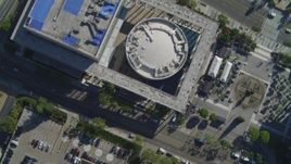 4K aerial stock footage of Mark Taper Forum, Downtown streets, fountain, pavilions, Los Angeles, California Aerial Stock Footage | DCA05_037