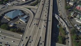 4K aerial stock footage of Interstate 110 and 10 interchange, Downtown Los Angeles, California Aerial Stock Footage | DCA05_051