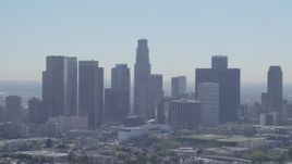 4K aerial stock footage tilt from Echo Park Lake, revealing city skyline, Downtown Los Angeles, California Aerial Stock Footage | DCA06_005