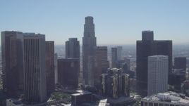 4K aerial stock footage tilt from LA Hotel Downtown, revealing US Bank Tower, Downtown Los Angeles, California Aerial Stock Footage | DCA06_006