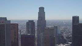 4K aerial stock footage of approaching US Bank Tower, Downtown Los Angeles, California Aerial Stock Footage | DCA06_007