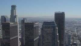 4K aerial stock footage flyby city skyscrapers, focus on Aon Center, Downtown Los Angeles, California Aerial Stock Footage | DCA06_009