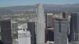 4K aerial stock footage of flying away from US Bank Tower, reveal Aon Center, Downtown Los Angeles, California Aerial Stock Footage | DCA06_014