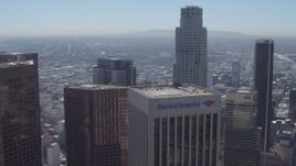 4K aerial stock footage wide orbit around US Bank Tower, nearby skyscrapers, Downtown Los Angeles, California Aerial Stock Footage | DCA06_018