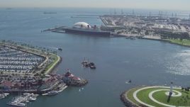 4K aerial stock footage of approaching the Queen Mary from Downtown Long Beach, California Aerial Stock Footage | DCA06_022