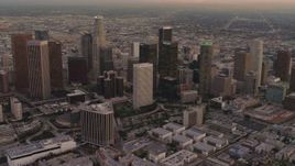 4K aerial stock footage of approaching Downtown Los Angeles skyscrapers, Los Angeles, California, sunset Aerial Stock Footage | DCA07_006