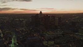 4K aerial stock footage of approaching Downtown skyline, Los Angeles, California, twilight Aerial Stock Footage | DCA07_025