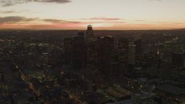 4K aerial stock footage of approaching Downtown skyscrapers, Los Angeles, California, twilight Aerial Stock Footage | DCA07_026