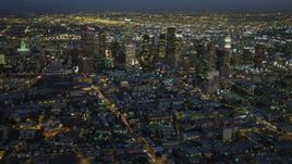 4K aerial stock footage of approaching Downtown skyscrapers, Los Angeles, California, night Aerial Stock Footage | DCA07_035