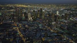 4K aerial stock footage of approaching Downtown skyscrapers, Los Angeles, California, night Aerial Stock Footage | DCA07_036