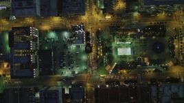 4K aerial stock footage of bird's eye view following West 5th past Gas Company Tower, Downtown Los Angeles, California, night Aerial Stock Footage | DCA07_040