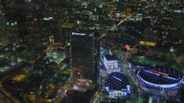 4K aerial stock footage of The Ritz-Carlton, Nokia, Theater, Staples Center, reveal skyscrapers, Los Angeles, California, night Aerial Stock Footage | DCA07_058