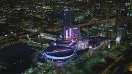 4K aerial stock footage of orbiting The Ritz-Carlton, JW Marriott, LA Live, Nokia Theater, Staples Center, Downtown Los Angeles, California, night Aerial Stock Footage | DCA07_061