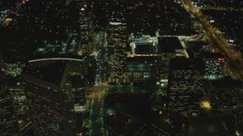 4K aerial stock footage of approaching skyscrapers in Century City, California, night Aerial Stock Footage | DCA07_098