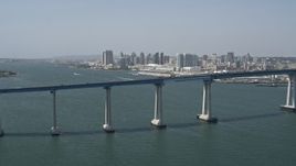 4K aerial stock footage of the Coronado Bridge, and Downtown San Diego in the background, California Aerial Stock Footage | DCA08_017