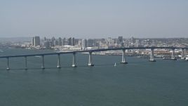 4K aerial stock footage of a reverse view of the Coronado Bridge and city skyline of Downtown San Diego, California Aerial Stock Footage | DCA08_024