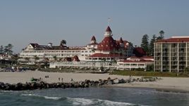 4K aerial stock footage of the historic oceanfront hotel, Hotel del Coronado, California Aerial Stock Footage | DCA08_210E
