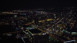 4K aerial stock footage of skyscrapers, hotels, convention center and stadium in Downtown San Diego, California, at night Aerial Stock Footage | DCA08_344