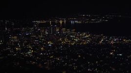 4K aerial stock footage of a wide orbit of skyscrapers in Downtown San Diego, California, Night Aerial Stock Footage | DCA08_370