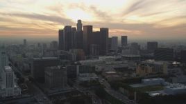 5K aerial stock footage of Downtown Los Angeles skyline at sunset seen from east of the city, California Aerial Stock Footage | DCLA_032