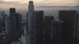 5K aerial stock footage tilt to reveal and approach US Bank Tower at twilight in Downtown Los Angeles, California Aerial Stock Footage | DCLA_048