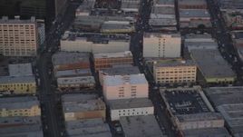 5K aerial stock footage track police helicopter flying over Downtown Los Angeles at twilight, California Aerial Stock Footage | DCLA_052